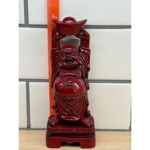 Vintage Red Resin Laughing Buddha Statue Hotei Holding Gold Ingot 6.75 Inch